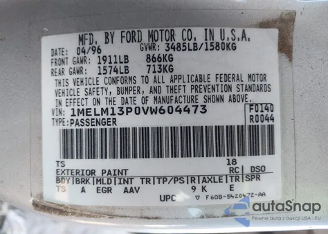 1997 Mercury Tracer Ls из США, поврежденный, VIN 1MELM13P0VW604473